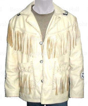New Men&#39;s White Cowboy Buffalo Buckskin American Leather Jacket Fringes Beads-84 - £255.73 GBP