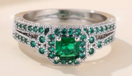 2pcs Elegant Stacking Halo &amp; Eternity Ring Paved Green Emerald Cut Zirconia - £11.74 GBP