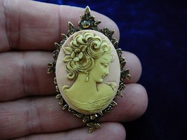 (cm5-25) LADY looking down flower hair pink + off-white Cameo Pin Pendant brooch - £28.07 GBP