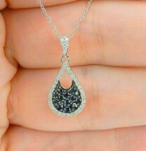 1Ct Corte Redondo Zafiro Azul Racimo Colgante 14K Oro Blanco Acabado con... - $88.16
