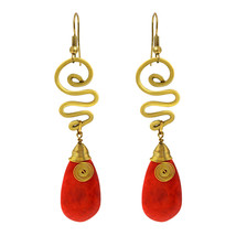 Graceful Red Synthetic Coral Teardrop w/ Swirling Brass Dangle Earrings - £11.47 GBP
