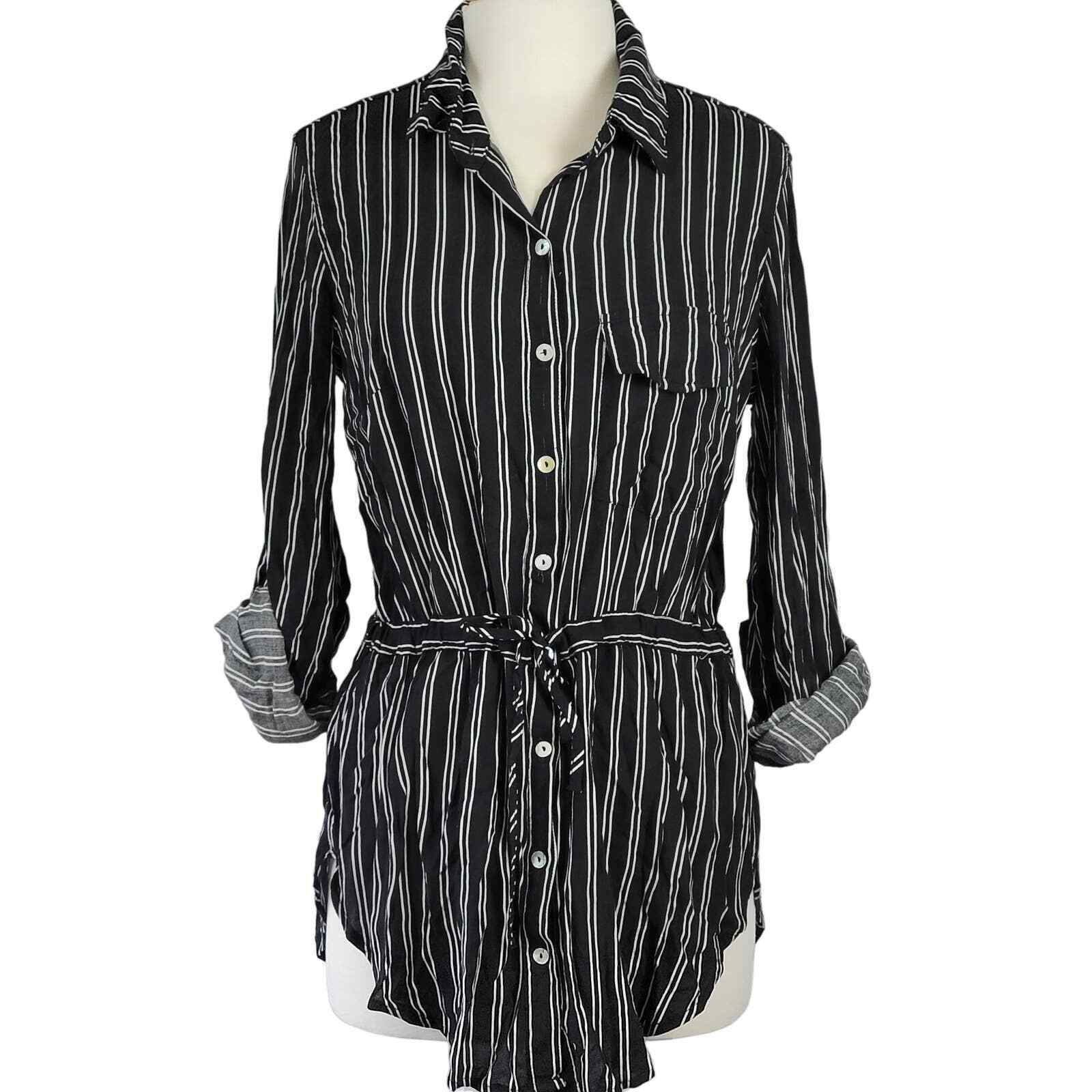 Primary image for Just Living The Dream Womens Shirt Black Stripe Tunic Casual 3/4 Sleeves Buttons