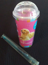 DOG LOVERS CUP Golden Retriever Double Wall Insulated w/ Straw Pink Plastic NEW