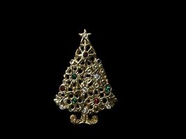 Vintage Jewelry Christmas Tree Pin Red &amp; Green Rhinestones Goldtone Lace... - €12,88 EUR