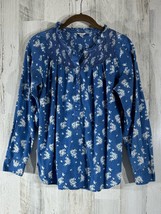 J. Crew Womens Popover Blouse Size 2 Smocked Ruffle Neck White Floral Denim Blue - £10.17 GBP