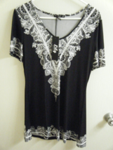 Nwt Lily By Firmiana Med Short Sleeve Black With White Trim Stretch Tunic 8268 - £14.07 GBP