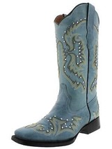 Womens Turquoise Western Cowboy Boots Silver Studs Stitched Square Toe - £64.59 GBP