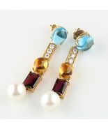 Unique 14k Yellow Gold Gemstone, Diamond, and Pearl Stud Drop Earrings - €5.440,45 EUR