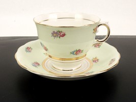 Colclough Porcelain Cup and Saucer, Mint Green, Red Roses, Gold Trim, Longton - £19.33 GBP