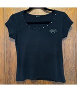 Y2K Harley Davidson Studded Rhinstone Black Silver Baby T Womens Small - $18.69