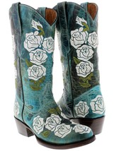 Womens Turquoise Leather Cowboy Boots Rosal Floral Embroidered Western R... - £86.34 GBP