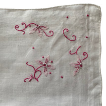 Handkerchief White Hankie Floral Pink Flowers Embroidered 12x12” - $11.20