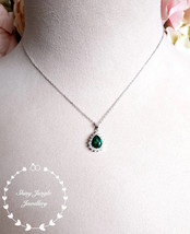 Teardrop Emerald Necklace, Halo Pear shaped Emerald Pendant May Birthstone Gift - £63.88 GBP