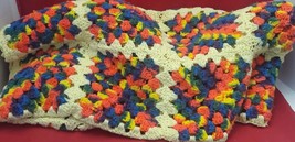 Vintage Large Granny Square Yellow Orange Blue Afghan Crochet Blanket 45&quot;x51&quot; - £23.43 GBP