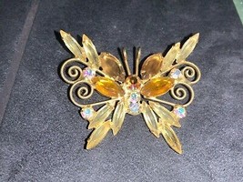 Vintage Goldtone Amber Citrine AB Rhinestones Butterfly Pin Brooch - £77.87 GBP