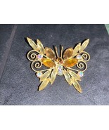 Vintage Goldtone Amber Citrine AB Rhinestones Butterfly Pin Brooch - £77.84 GBP