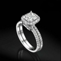 Halo Bridal Ring Set 2.65Ct Princess Cut Simulated Diamond 14K White Gold Size 5 - £214.95 GBP