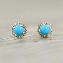 2CT Simulated Turquoise/Diamond Stud Earrings 14K Yellow Gold Plated Silver - £85.62 GBP