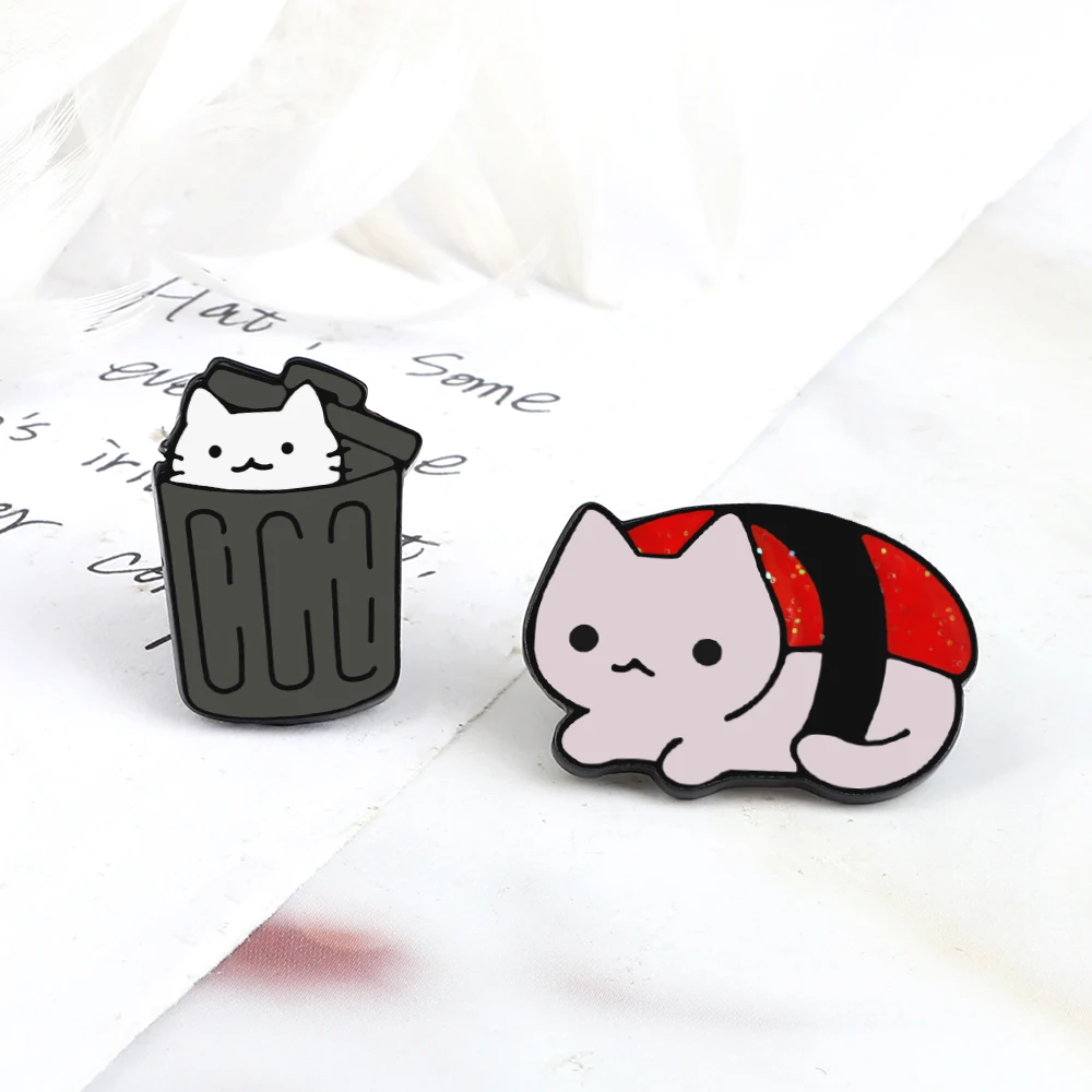 Play Funny Sushi Kitten Enamel Pin Cartoon Lovely Animal Brooch Garbage Can Cat  - £23.15 GBP