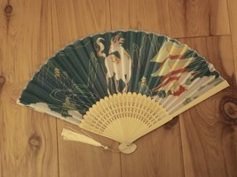 Japanese Art Print Silk Hand Folding Fan Fashion Decor Blue Mountains Deer - £12.37 GBP
