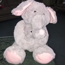 Hugfun Plush Elephant Mom Holding Baby Gray Pink Ears Soft Stuffed 14” Sitting - $19.35