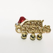 Merry Christmas Pin Brooch Santa Hat Jingle Bells Gold Tone 2&quot; - £11.09 GBP