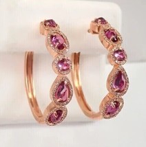 14k Rose Gold Over 3.20Ct Oval Simulated Pink Ruby Hoop Fancy Earrings Birthday - £66.85 GBP