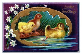 Fantasy Easter Greetings Chicks Gilt Egg Embossed DB Postcard  H27 - £6.18 GBP