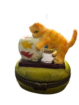 Vintage 1960s Cat &amp; Fishbowl Trinket Box Porcelain Hinged with Surprise ... - $24.00