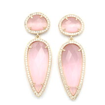 FACETED pink glass drop earrings - 2&quot; rose gold-tone pavé rhinestone halo dangle - £15.66 GBP