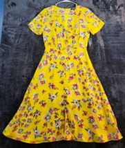 Lulus Fit &amp; Flare Dress Women Size Small Yellow Floral V Neck Button Back Zipper - £18.41 GBP