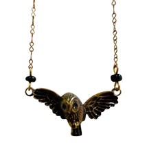 Vintage Bronze Owl Pendant Necklace With Black Beads - £15.02 GBP