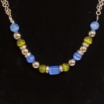 KR Silver Tone Blue and Green Moonstone Bead Necklace Signed 8-10 Inch Drop - £15.54 GBP