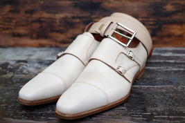 Handmade men&#39;s bespoke genuine calf leather white monk strap dress shoes - £143.54 GBP+