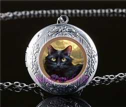 Black Cat Cabochon LOCKET Pendant Silver Chain Necklace USA Ship #170 - £11.99 GBP