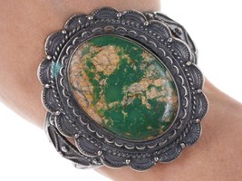 Large Old Pawn Navajo Royston Turquoise Heavy Stamped silver cuff bracelet - £541.11 GBP