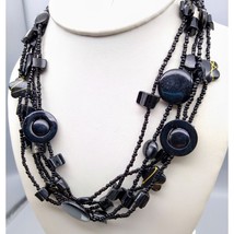Retro Messy Beaded Necklace, Black Glass Multi Strand with Glossy Shapes and Gol - £24.80 GBP