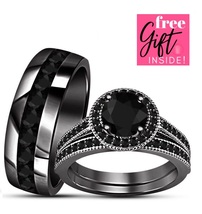 Black Rhodium over 925 Silver Diamond Bridle Engagement Wedding Trio Ring Sets  - £118.54 GBP