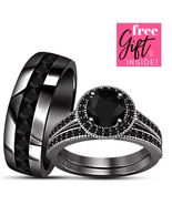 Black Rhodium over 925 Silver Diamond Bridle Engagement Wedding Trio Rin... - £119.79 GBP