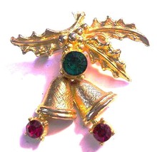 Vintage Enamel St.Labre Rhinestone Jewels Bell Leaf Christmas Brooch - £16.99 GBP