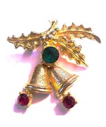 Vintage Enamel St.Labre Rhinestone Jewels Bell Leaf Christmas Brooch - £16.84 GBP