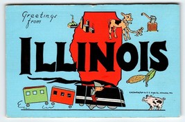 Greetings From Illinois Railroad Steam Train Pig Cow Postcard Map Linen Kropp - £14.65 GBP