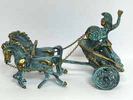 ROMAN GLADIATOR CHARIOT AND HORSES Sculpture Statue Green/Gold Color 8.5&quot; - $90.73