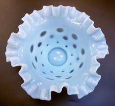 Vintage Fenton Ruffled Glass Bowl Blue Coin Dot Vase Opalescent Hand Blown - $27.72