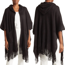 VINCE CAMUTO Feels Like Home Hooded Fringe Hem Ruana Cape Wrap, Black, NWT - £51.57 GBP