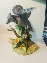 Royal Crown Blue Jay Figurine vtg bird bluejay sculpture flower J Byron SIGNED - £99.46 GBP