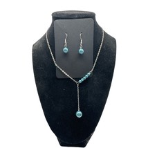 Teal Blue Beaded Y Necklace and Earring Set - £15.86 GBP