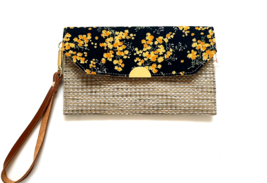 New Handmade Gray Navy Yellow Mimosa Floral Envelope Wallet Clutch 8&quot; x 5&quot; - £21.78 GBP