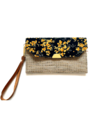 New Handmade Gray Navy Yellow Mimosa Floral Envelope Wallet Clutch 8&quot; x 5&quot; - £21.66 GBP