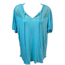 Como Blu Womens Blouse Blue Short Sleeve Stretch Lace Knit Tie Closure Top L New - £18.21 GBP